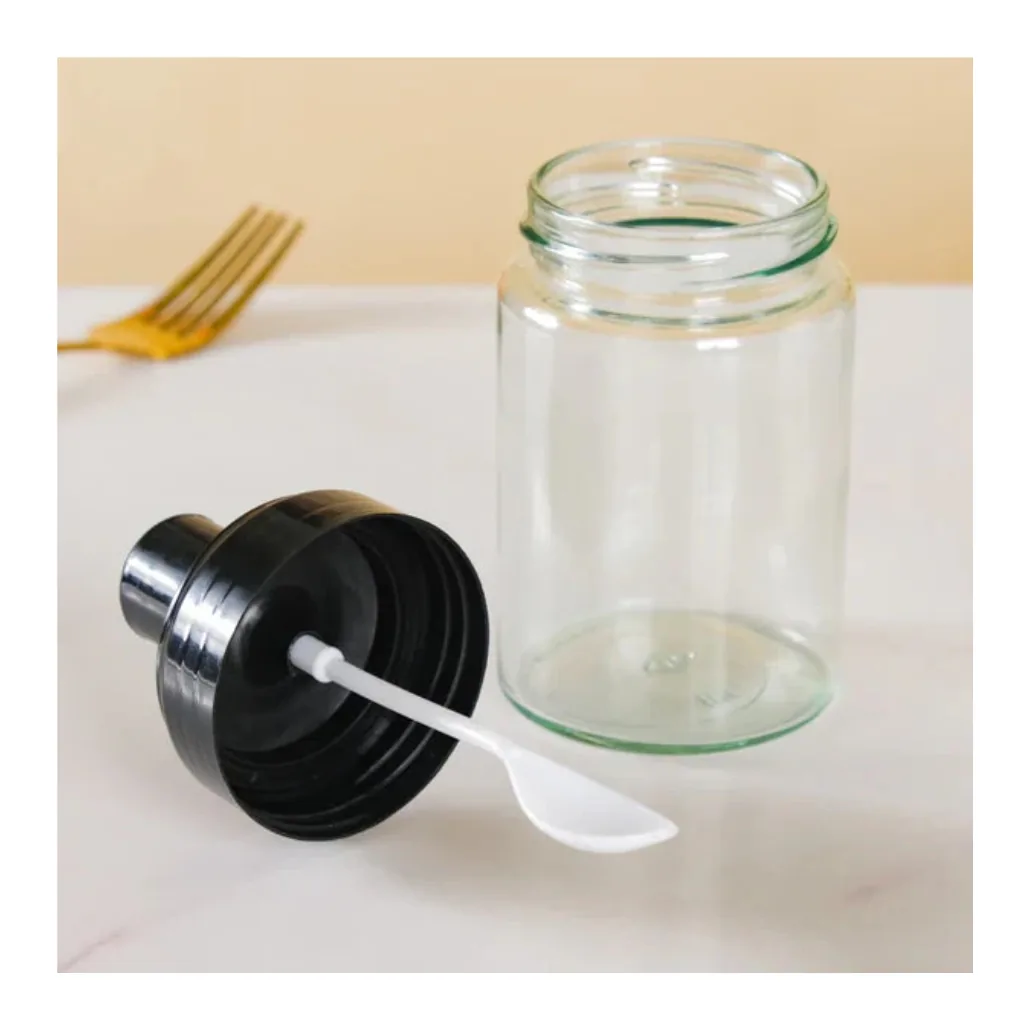 GLASS SPICE JAR WITH SMALL WHITE SPOON