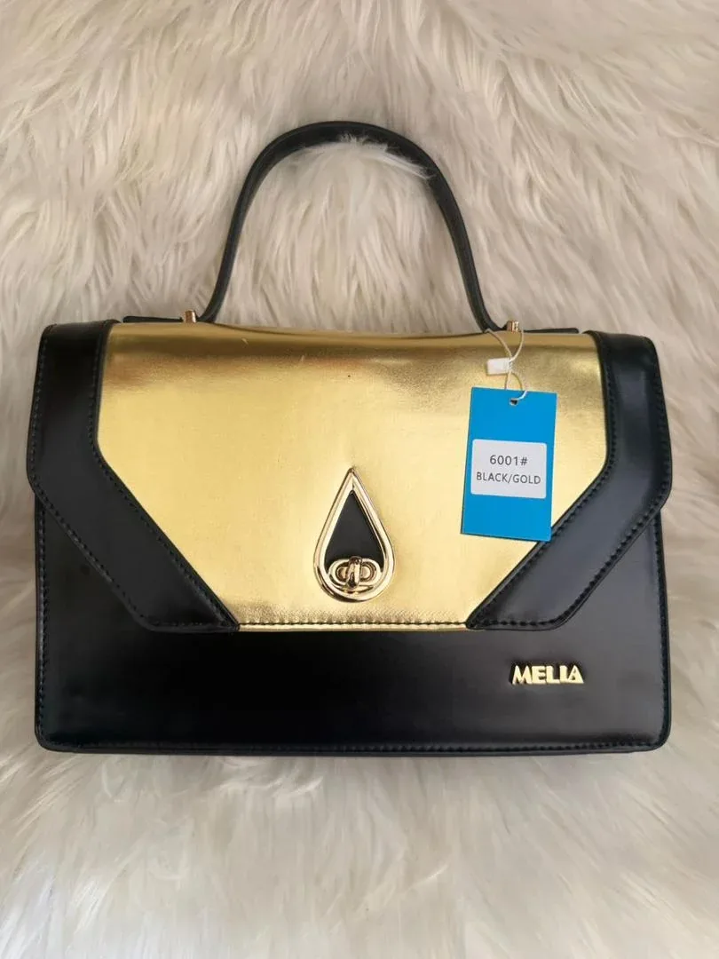 Black & Gold Structured Top Handle Handbag
