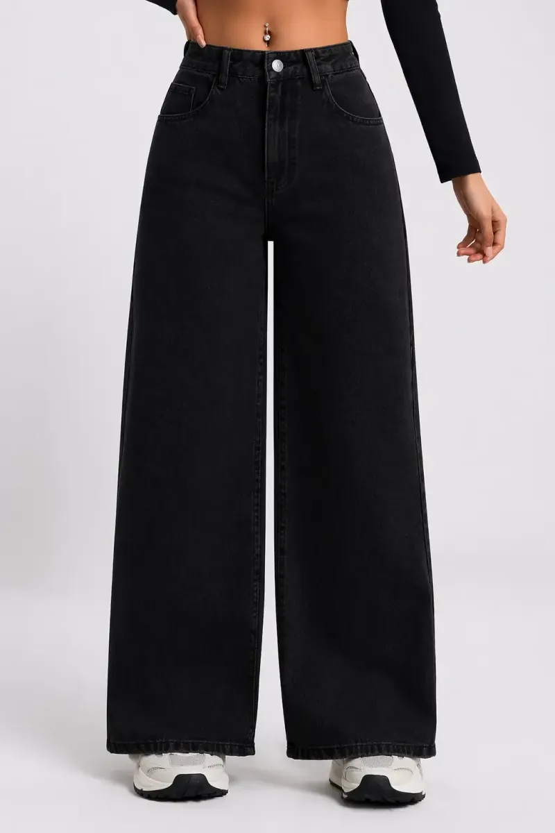 Black High Waist Wide Leg Jeans for Women Trendy Denim Pants