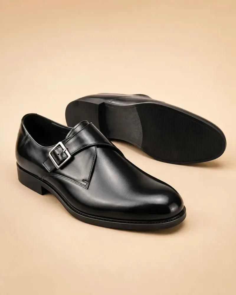 Men's Single Monk Strap Shoes Black Leather Formal