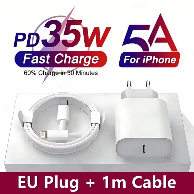 35W Pd Eu Fast Charger for iPhone 14 13 12 11 USB C Cable