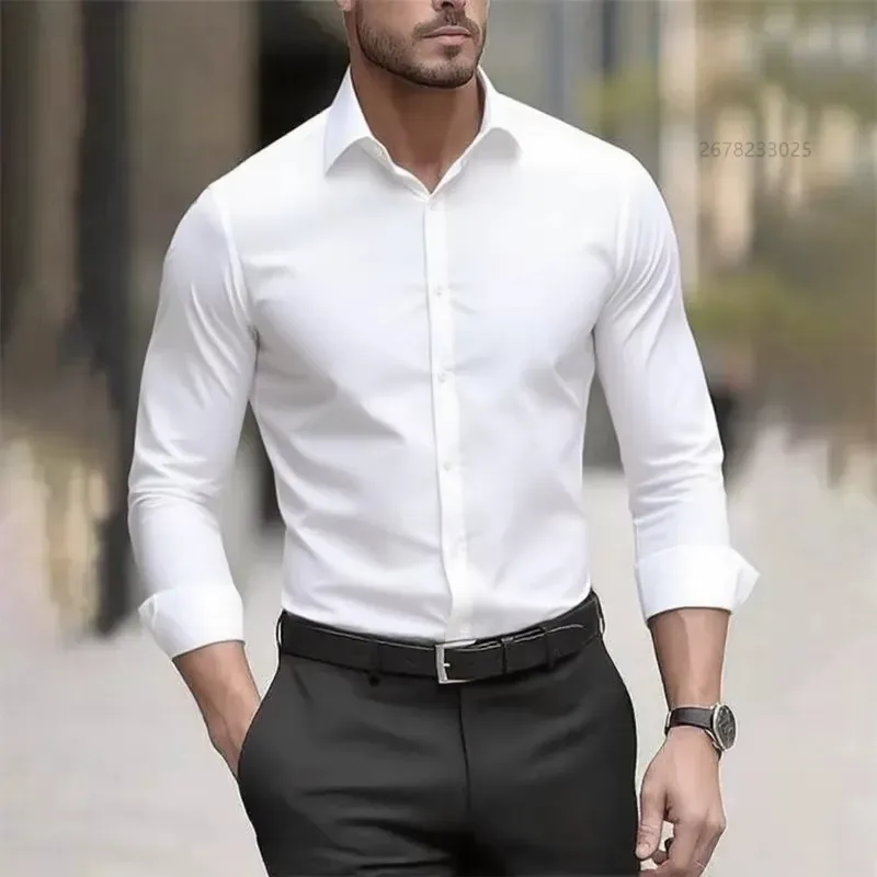 Men's White Long Sleeve Shirt Solid Color Stretch Business Formal Shirt Xs 6XL 1 Day Delivery Egura Rw