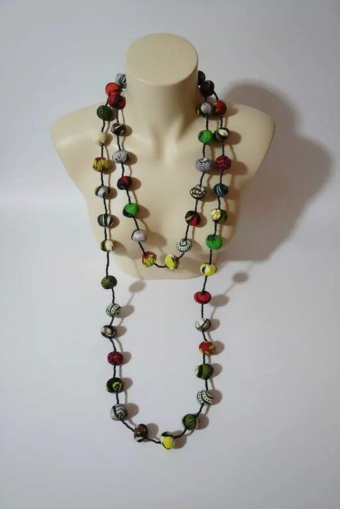 Handmade African Print Kitenge Fabric Bead Long Necklace
