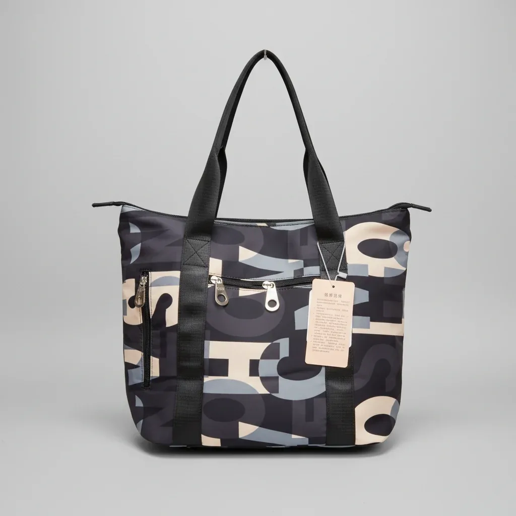 Abstract Typographic Print Nylon Tote Bag