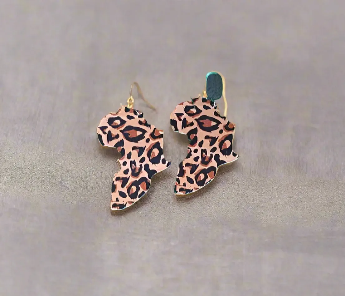 African Continent Shaped Earrings with Leopard Pattern