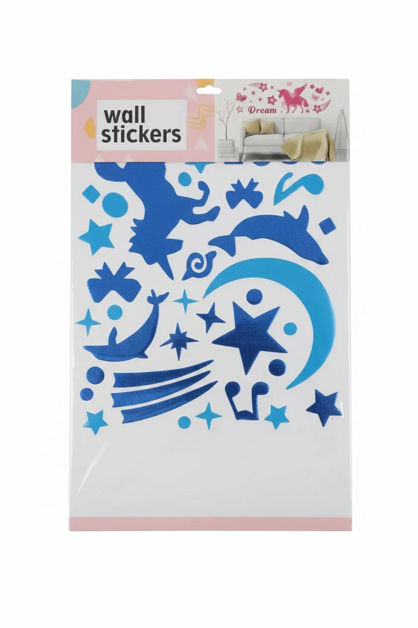 Blue Metallic Moon, Stars & Dolphins Wall Sticker Sheet A2
