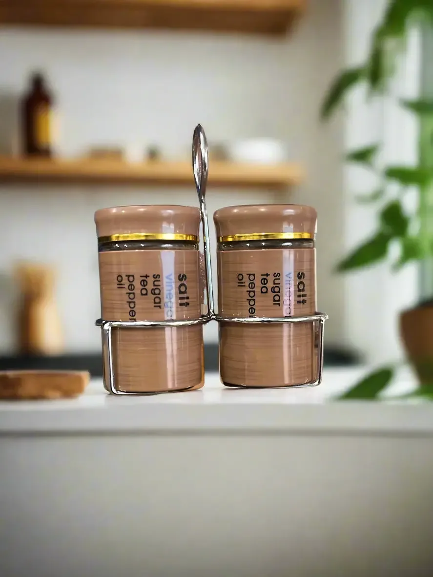 Elegant Salt & Pepper Shakers with Holder Set 2pcs