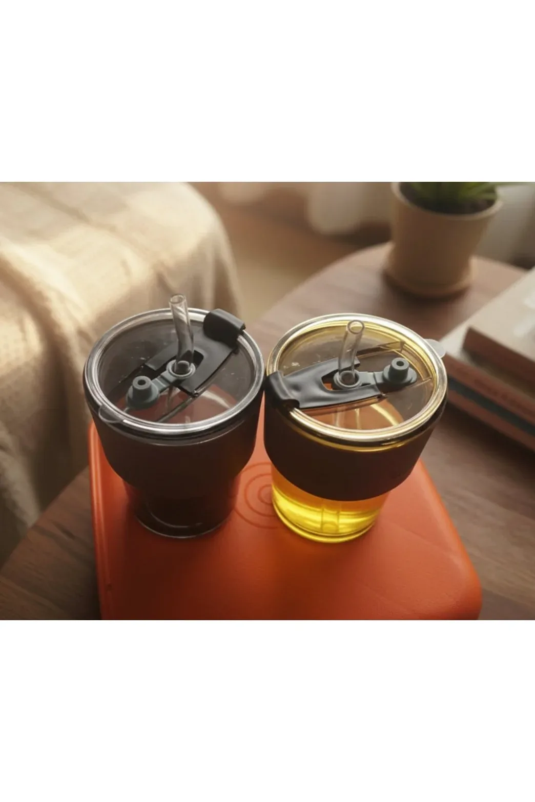 Double-Layer Transparent Drink Cups with Straw & Grip