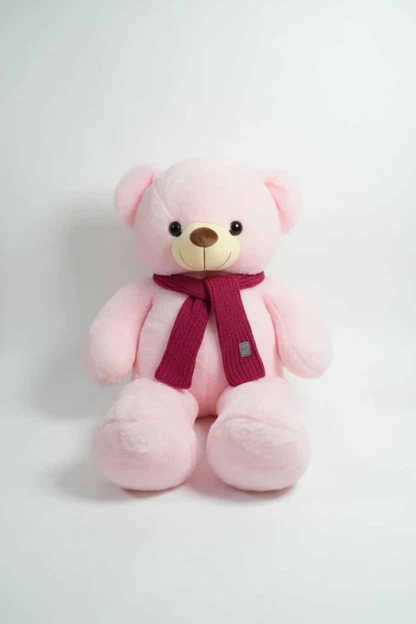 Plush Pink Teddy Bear with Knitted Magenta Scarf
