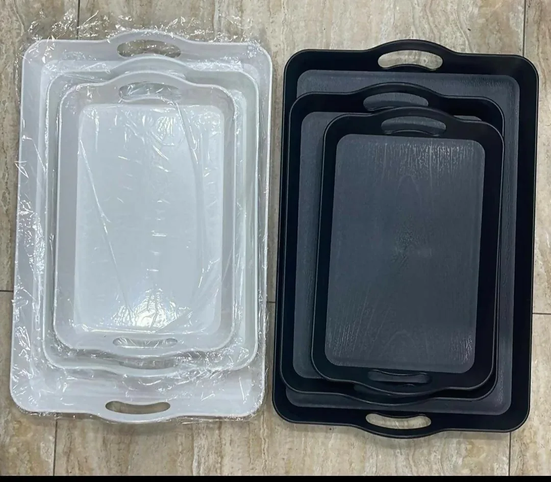 Plastic Serving Tray Set – Stackable Multi-Size Trays with Handles (Black & White)