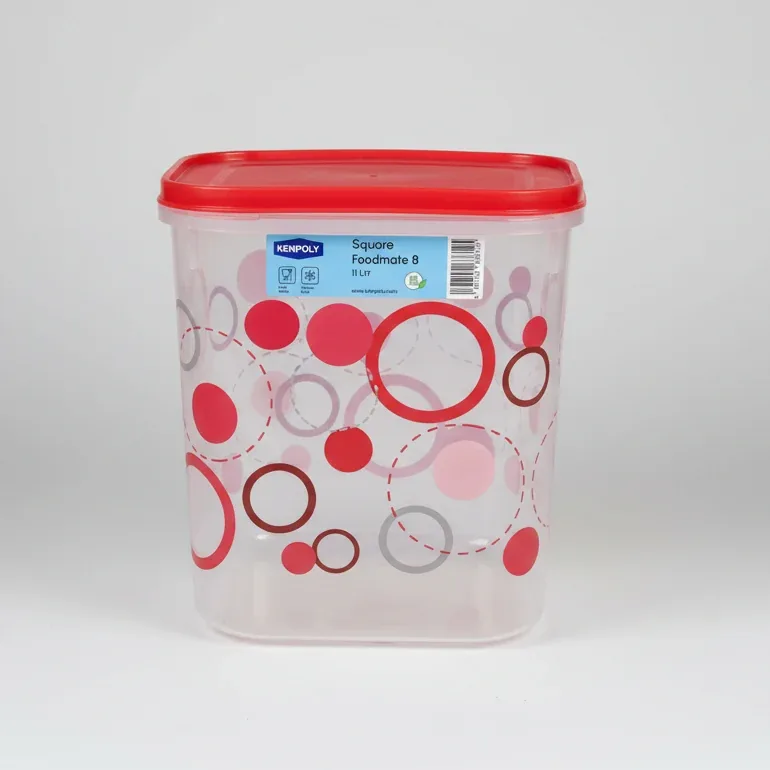 Kenpoly FoodMate Square Container – Clear Body with Red Lid and Pink & Red Circle Pattern 11 Liter