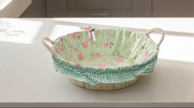 Pastel Green and Pink Floral Fabric-Lined Wicker Storage Basket
