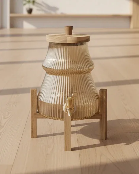 Glass Beverage Dispenser with Wooden Stand
