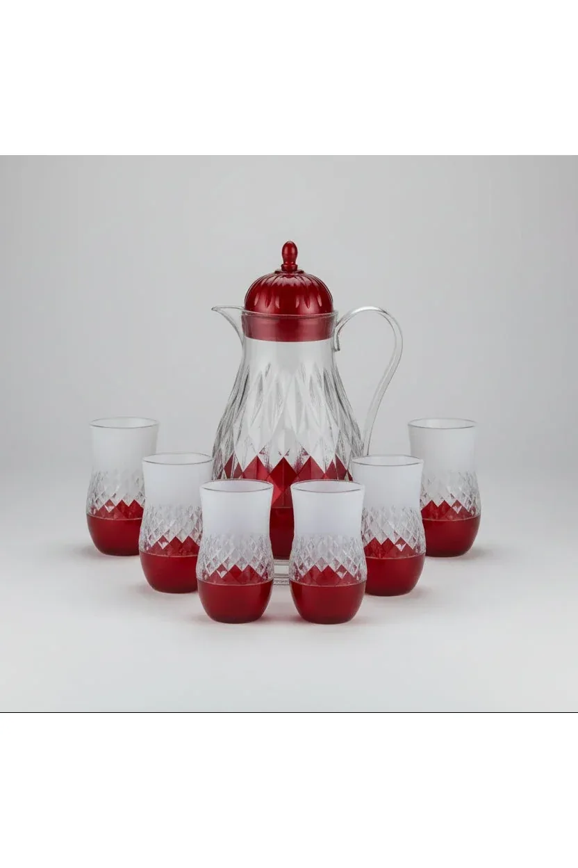 JIE HUIOMEI Glass Water Jug and Glass Set – 7-Piece Red Base Design