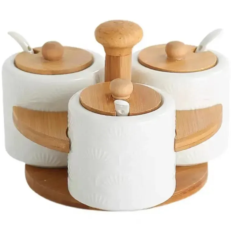 Set Of 3 Sugar Pots With Bamboo Base