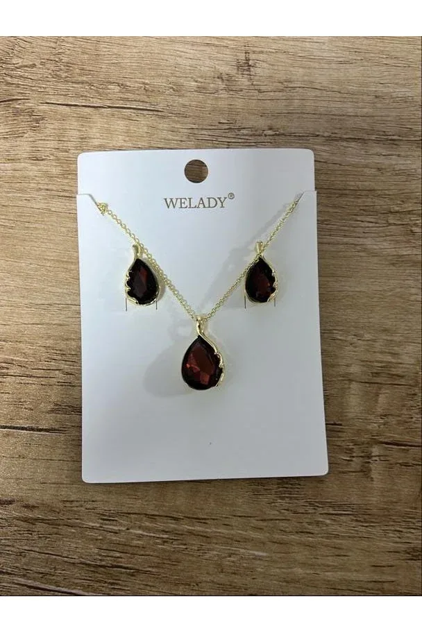 WELADY® Gold-Toned Necklace & Earrings Set with Red Garnet Teardrop Pendants