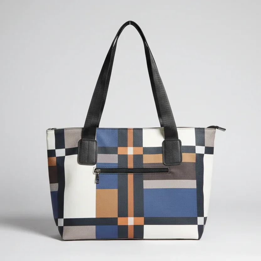 Geometric Plaid Canvas Shoulder Bag