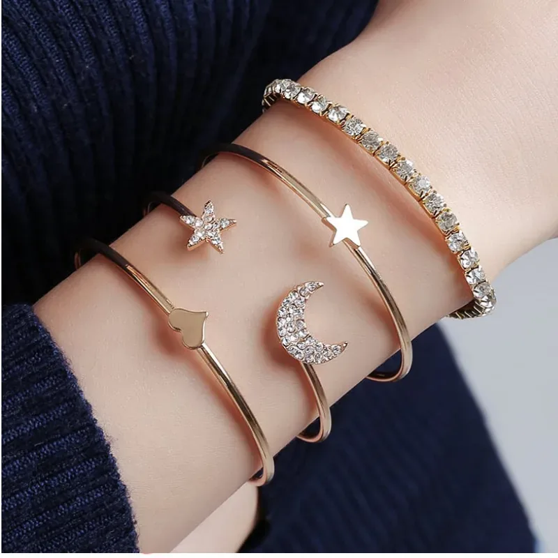 Elegant Gold Charm Bangle Set (Star, Moon & Crystal Bracelets) 4 pieces