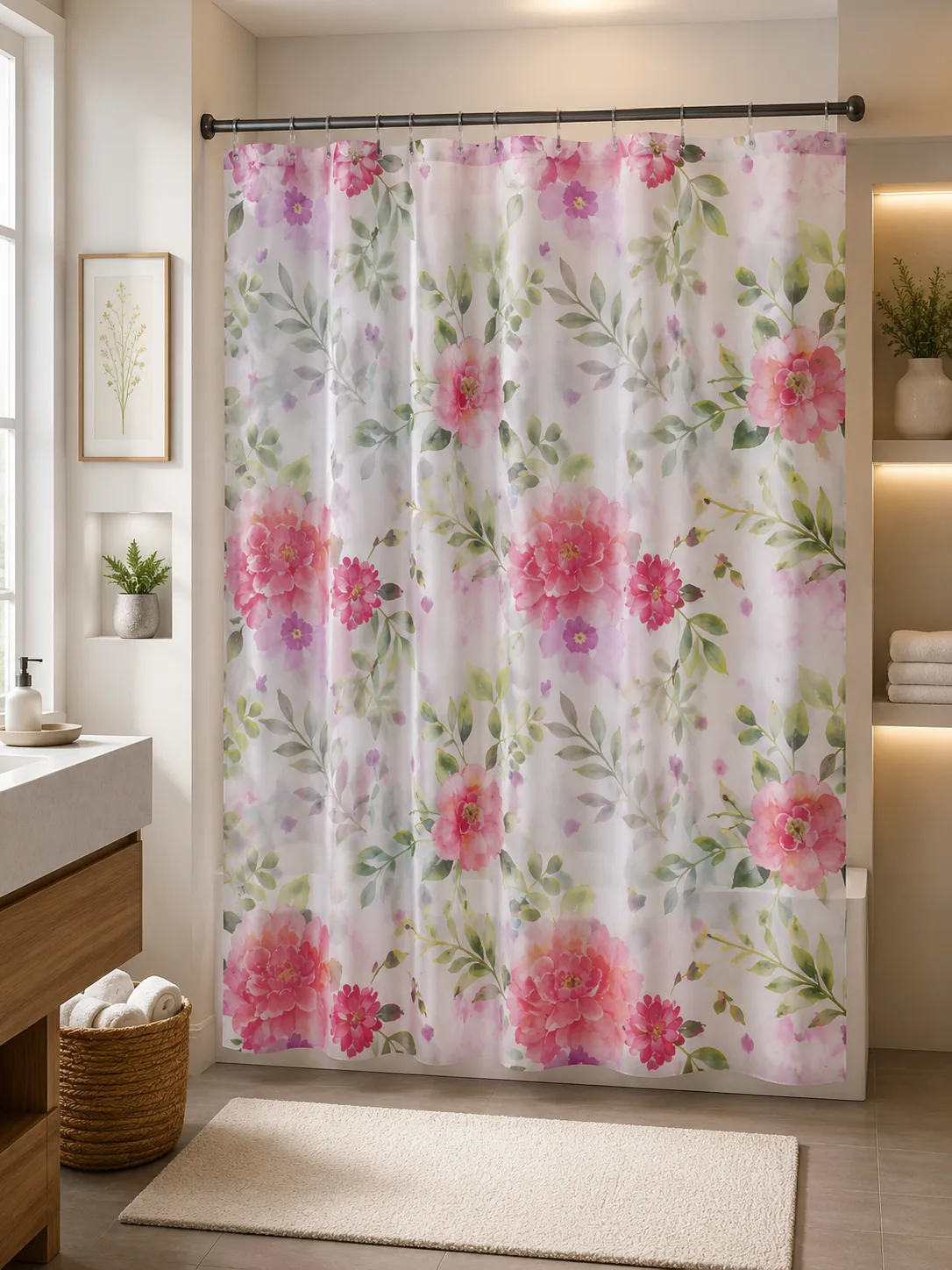 Elegant Floral Waterproof PEVA Shower Curtain Set (13 Pieces) – 71 in × 71 in