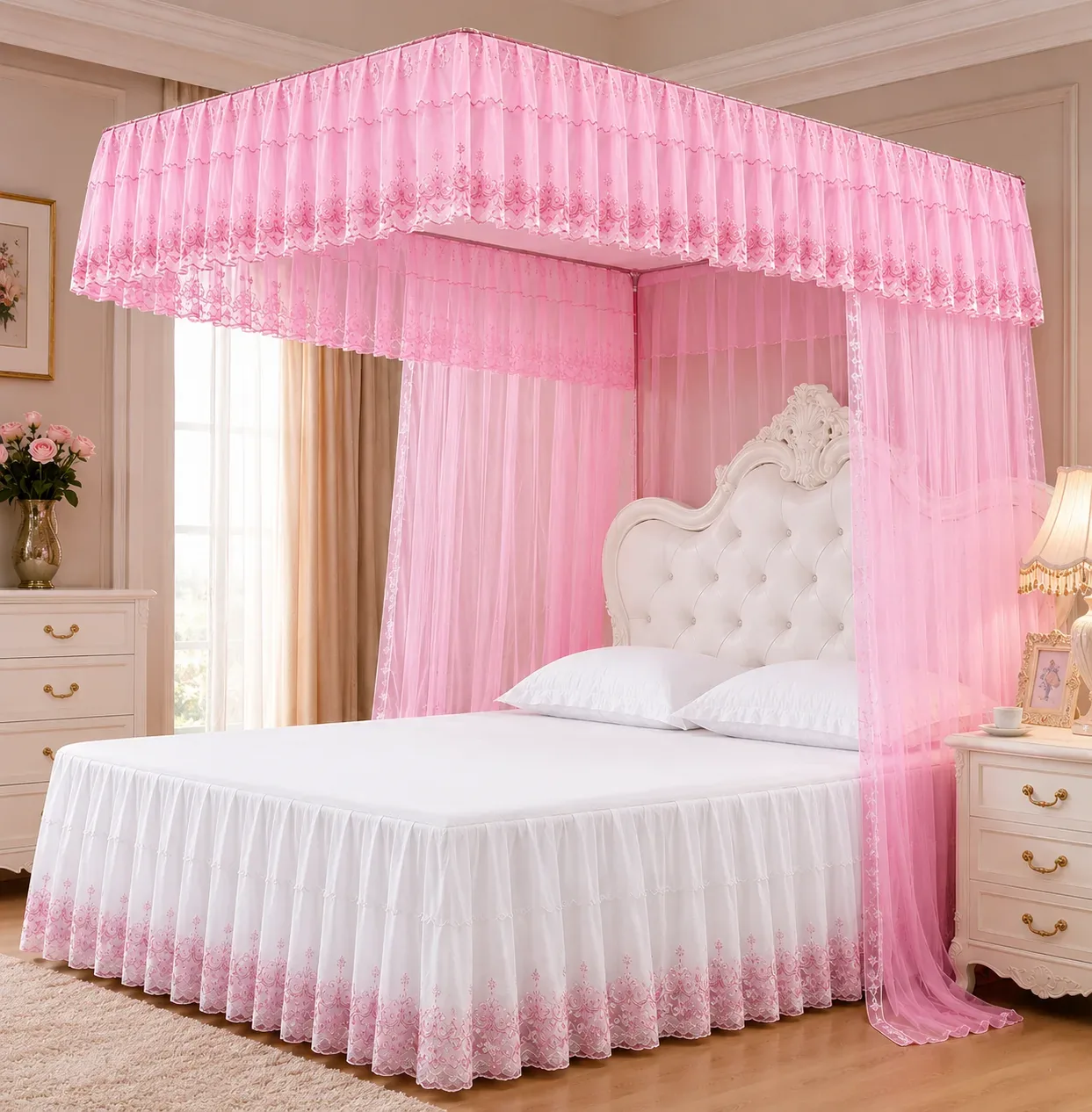 Luxury Pink Princess Mosquito Net Canopy Bed Set