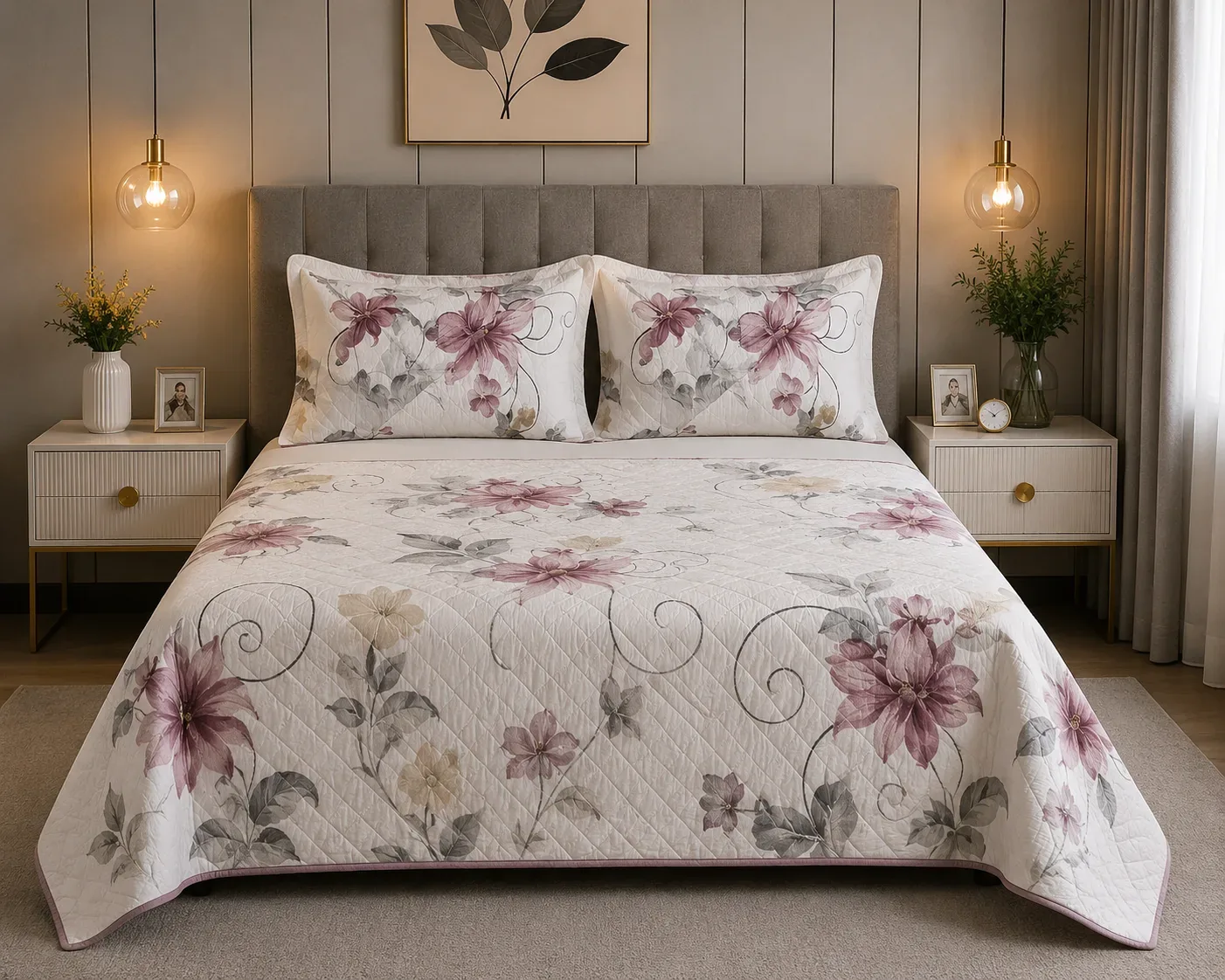 Elegant Floral Bedcover, Bedsheet & Pillow Cover Set – 180cm × 2m