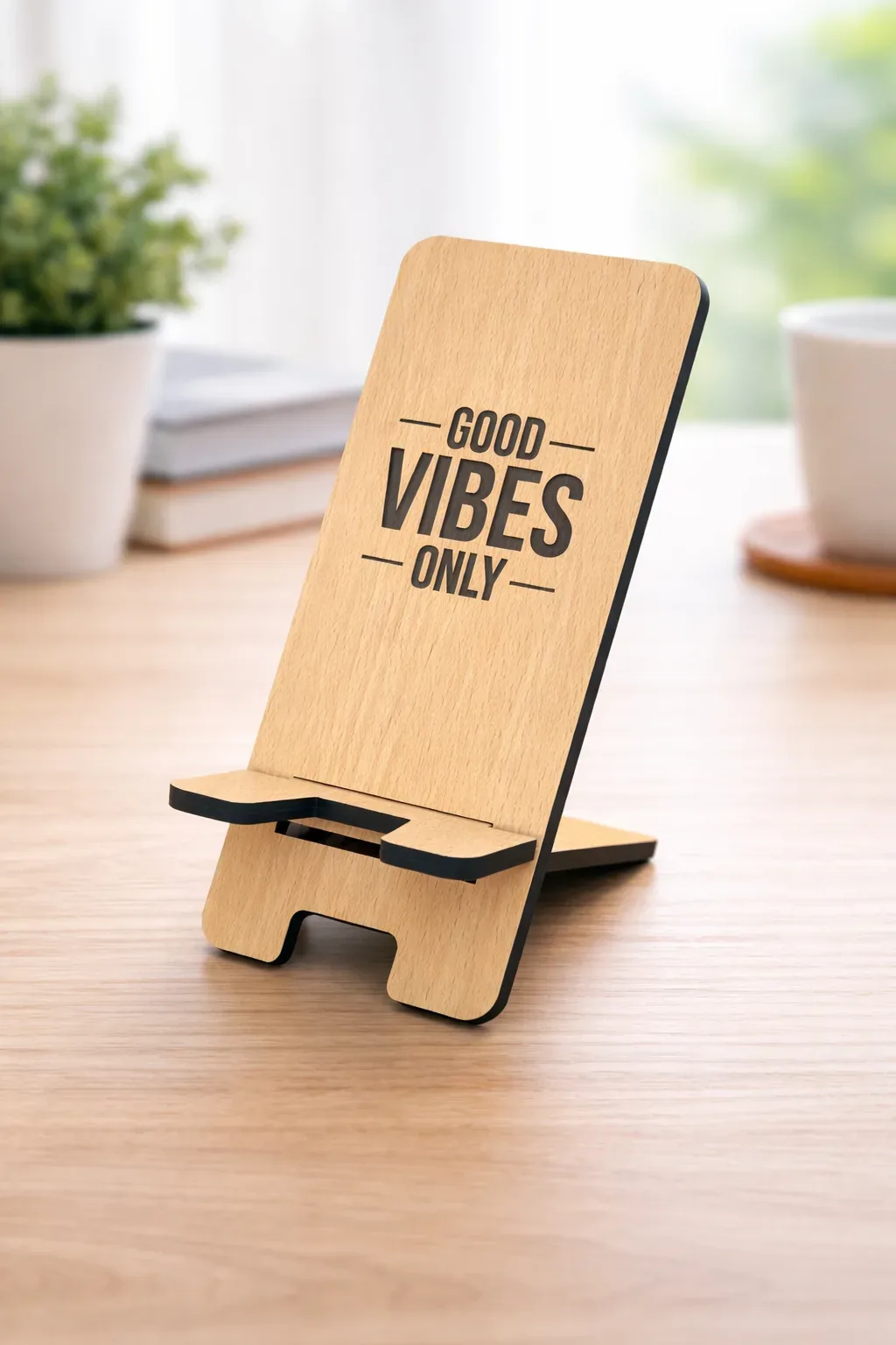 Wooden Phone Stand – “Good Vibes Only” Desk Holder