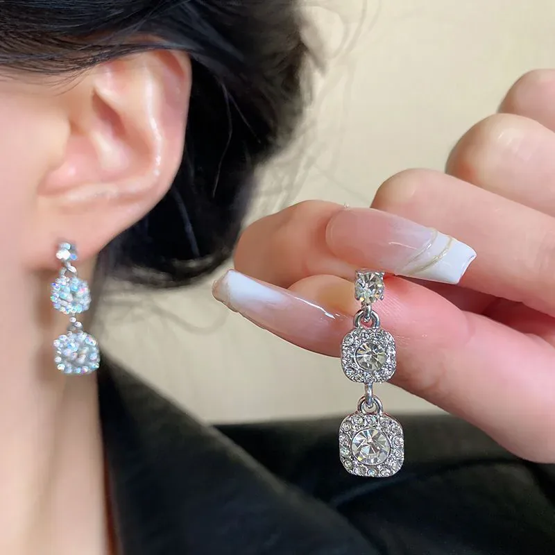 Vintage Crystal Rhinestone Earrings Silver Crystal Square Earrings