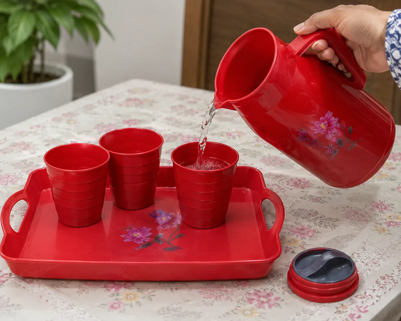 Plastic Water Jug & Serving Tray Set with 4 cups