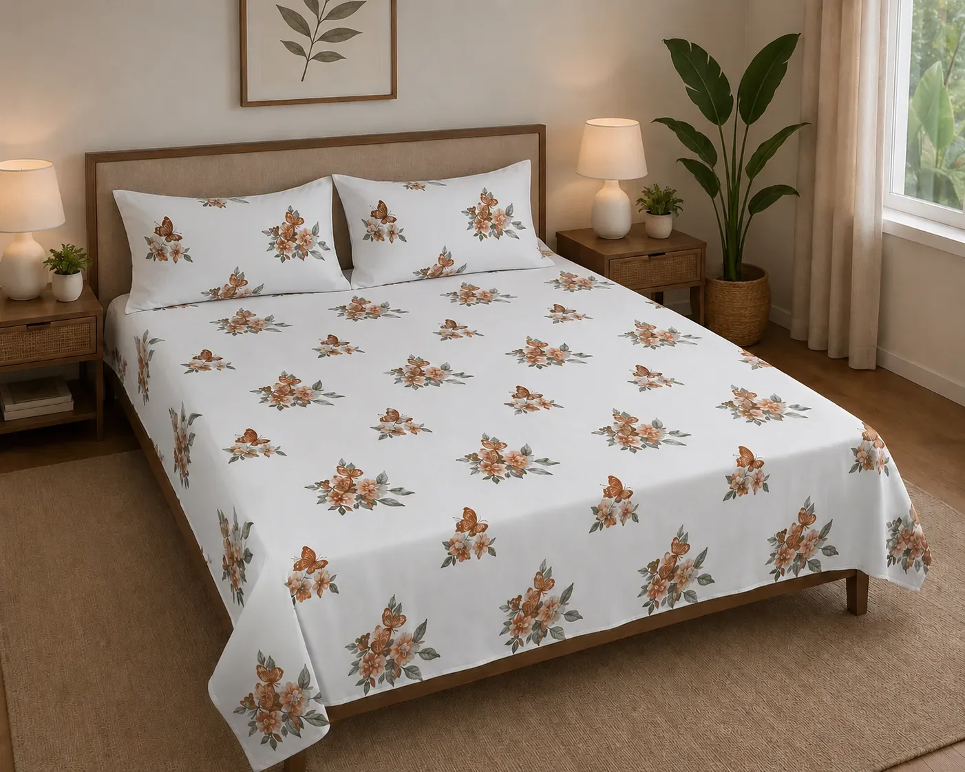 Elegant White Floral Cotton Bedsheet Set with pillow cove – 2*2M
