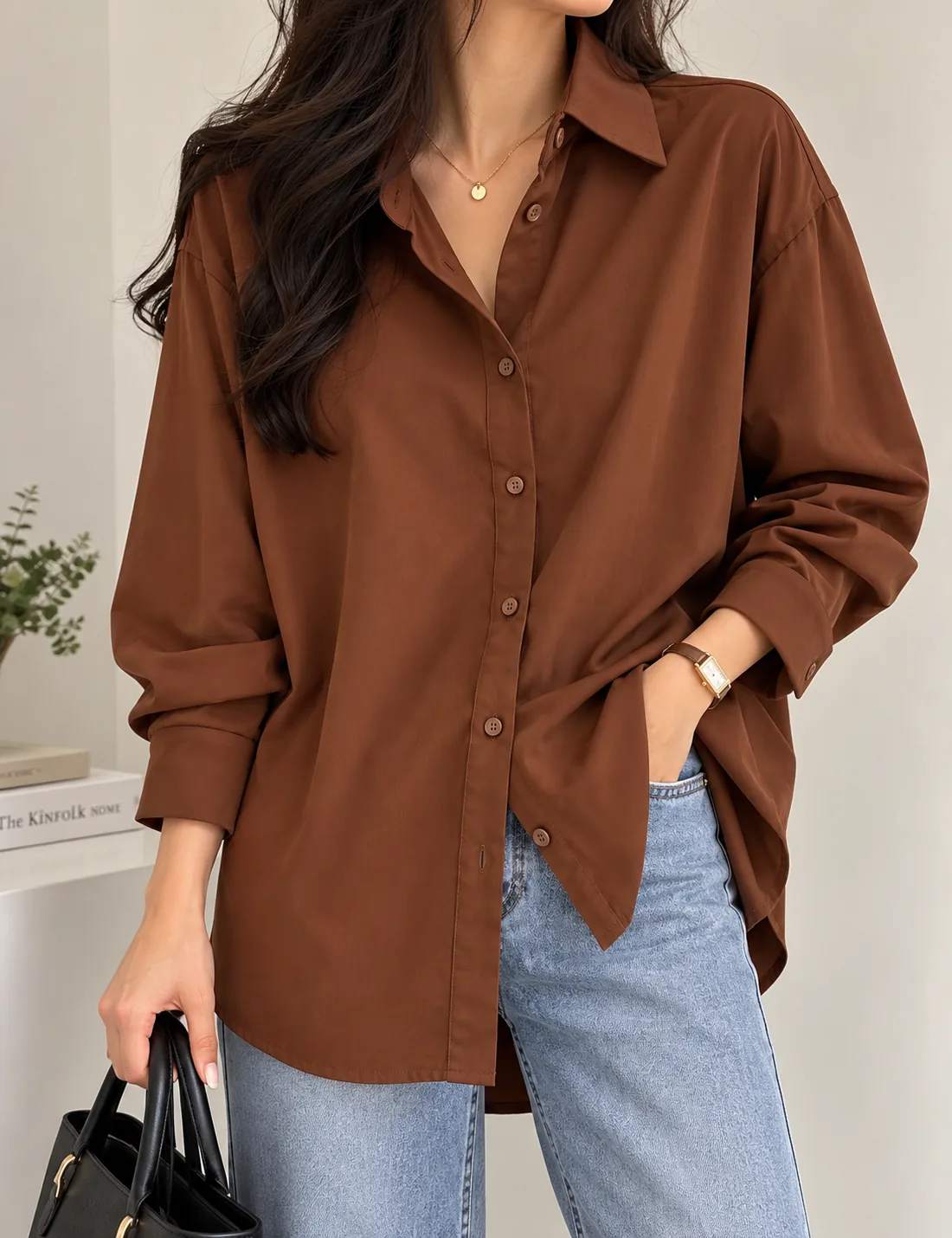 Women’s Oversized Long-Sleeve Button-Up Shirt   Pink | Lime Yellow | Brown | White | Red