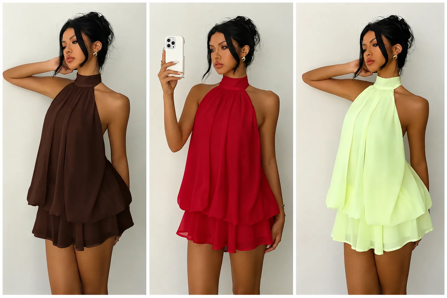 Elegant Halter Neck Chiffon Layered Mini Dress