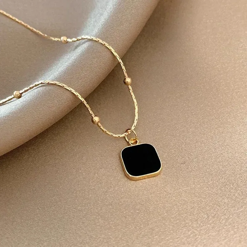 Elegant Gold Square Pendant Necklace (Black Accent)