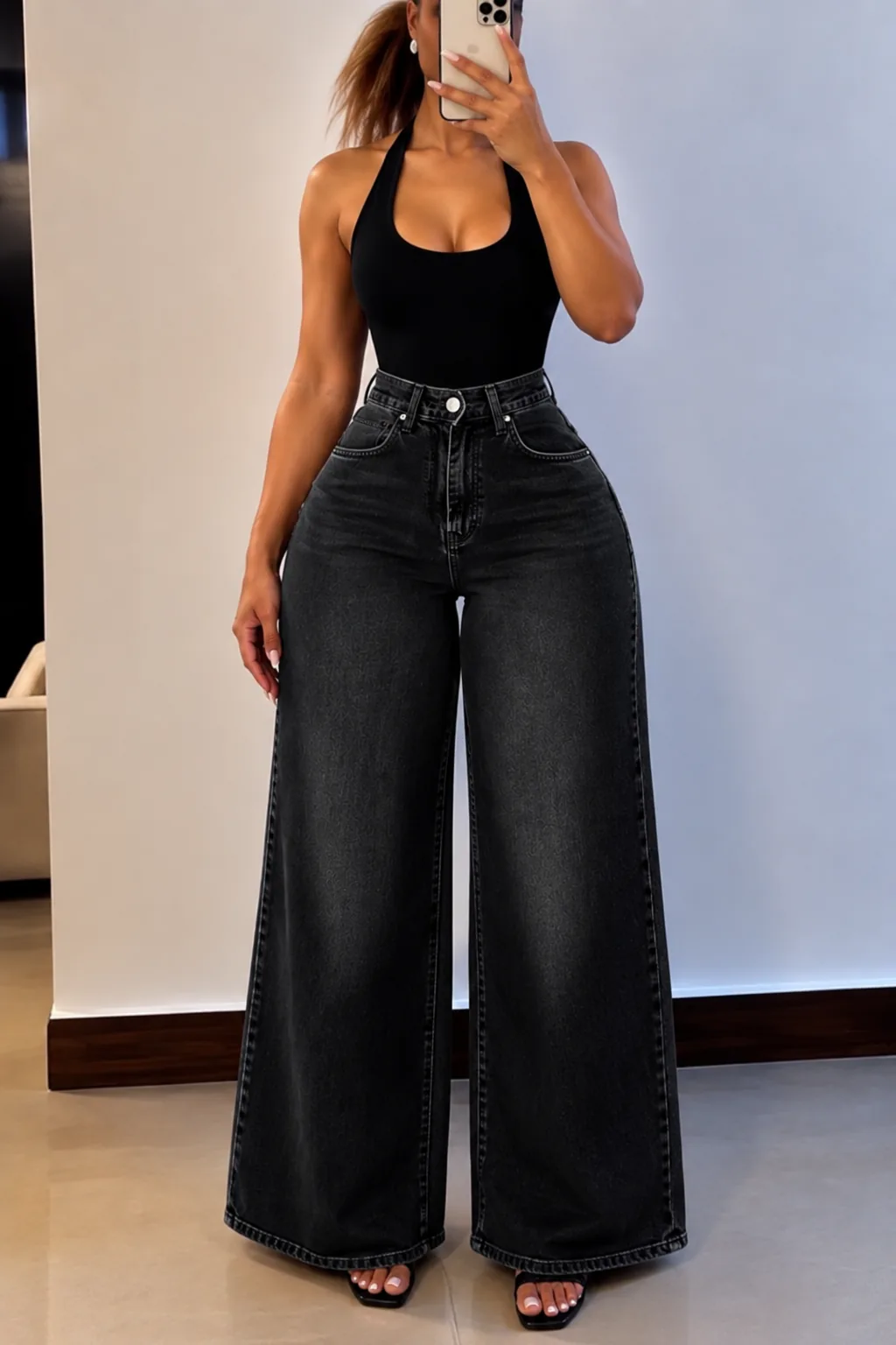 High-Waisted Wide-Leg Black Jeans