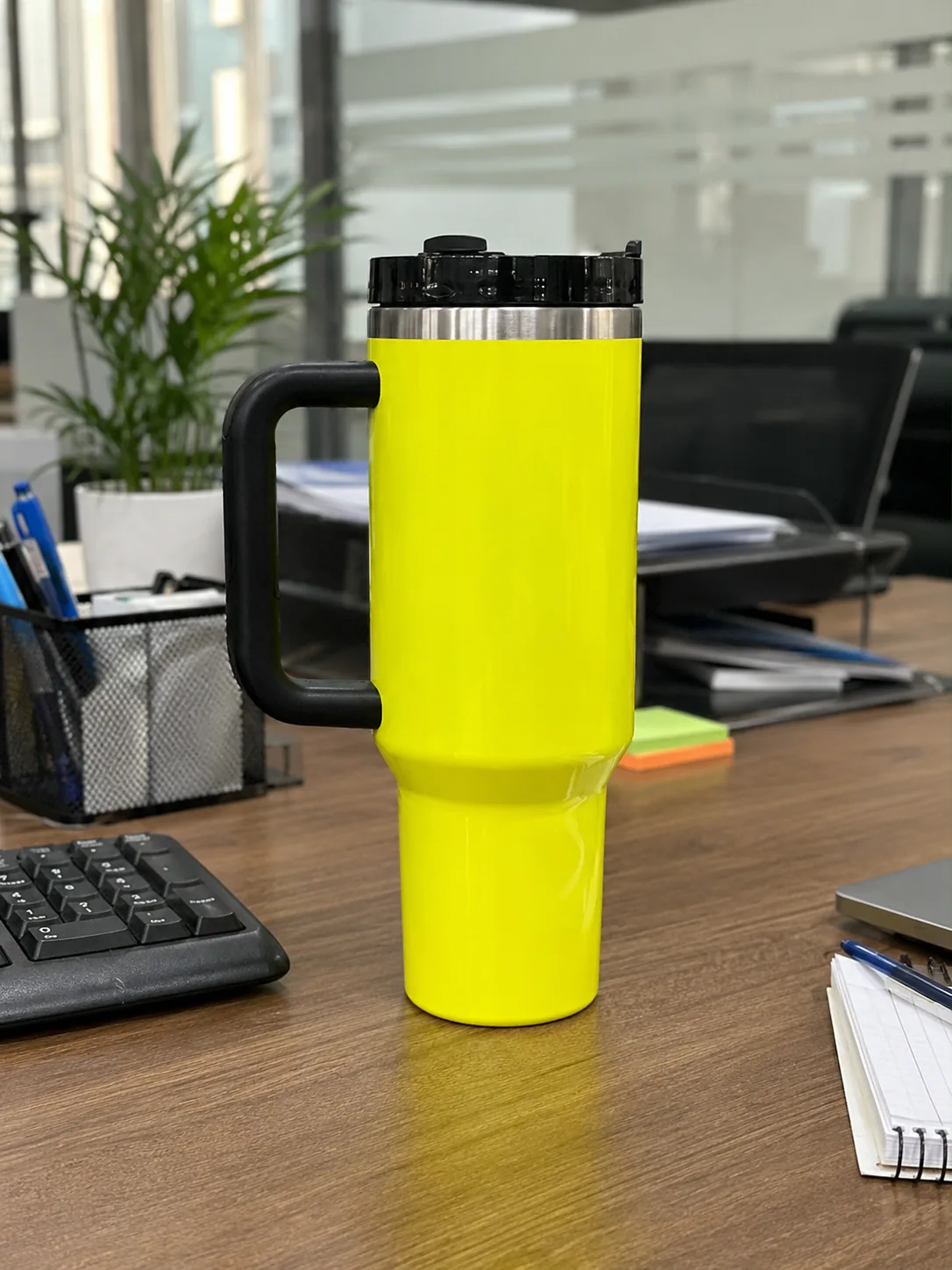 Insulated Travel Tumbler with Handle – Neon Yellow
