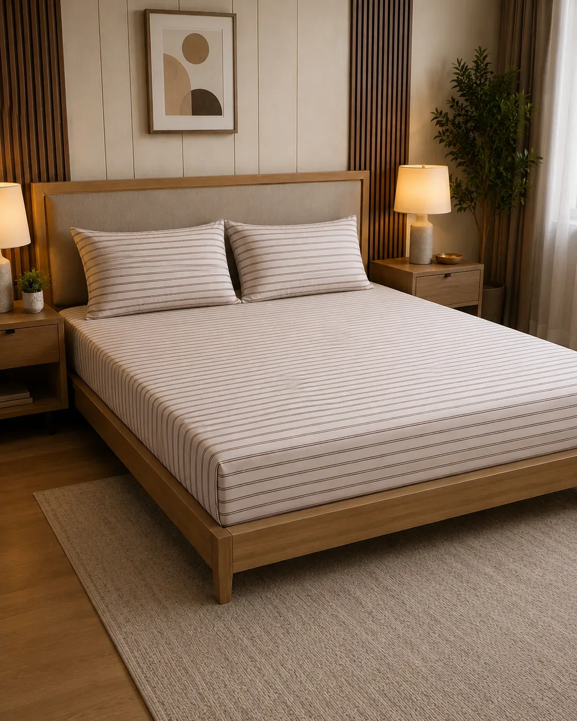 Elegant Beige Stripe Bedsheet Set – 2.50m × 2.50m