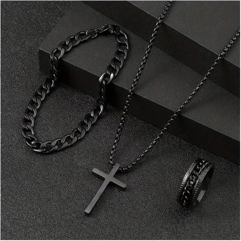 Black Stainless Steel Jewelry Set (Cross Necklace, Chain Bracelet & Ring)