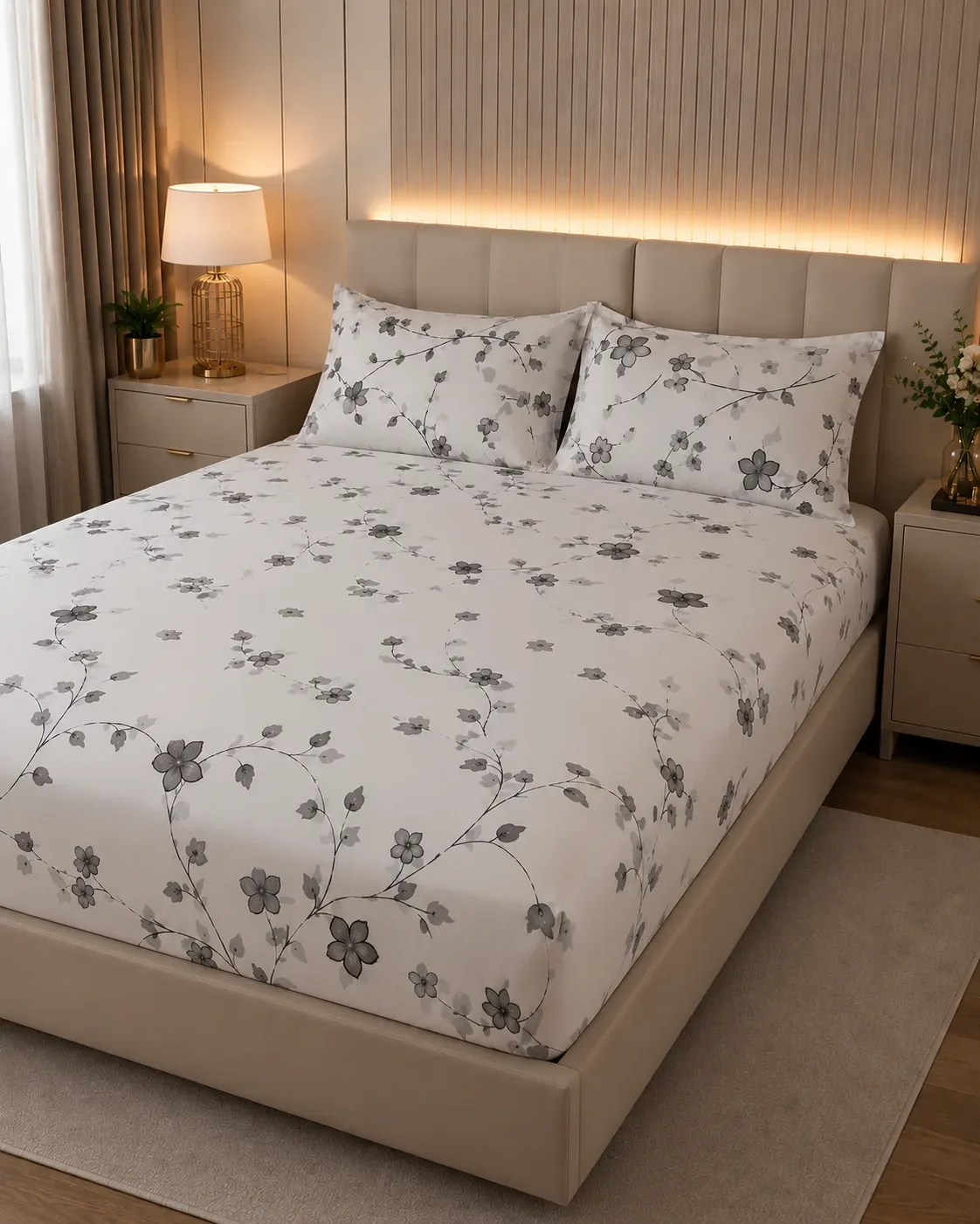 Elegant Grey Floral Bedsheet Set