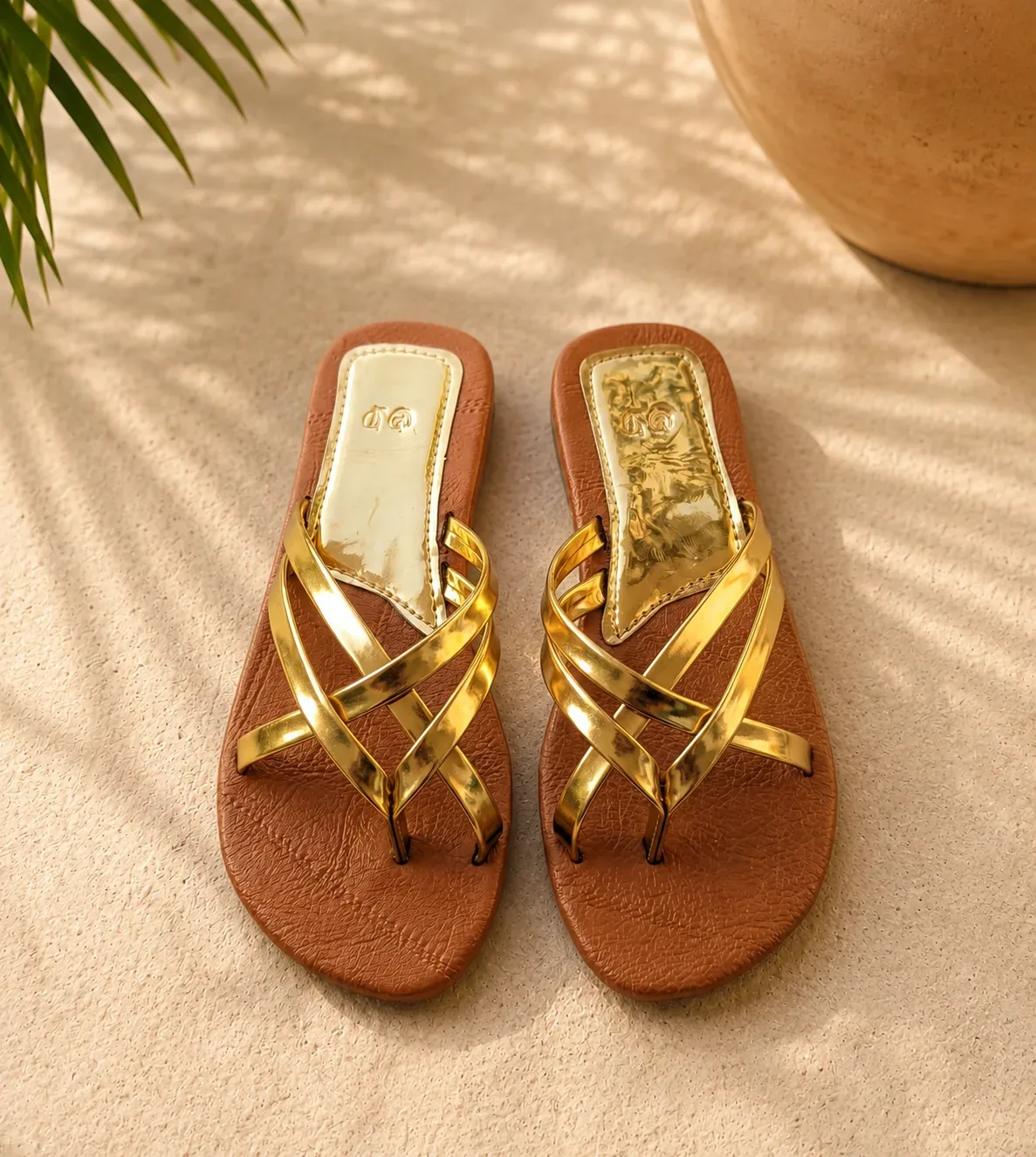 Golden Cross-Strap Flat Sandals