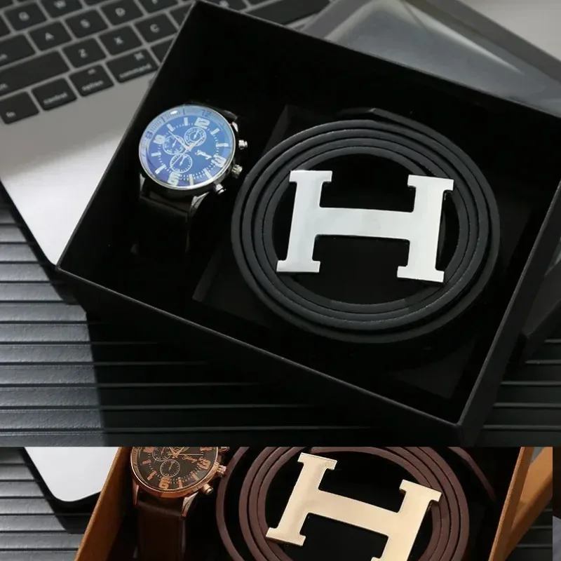 Men’s Luxury Watch & Leather Belt Gift Set – Classic H Buckle Design
