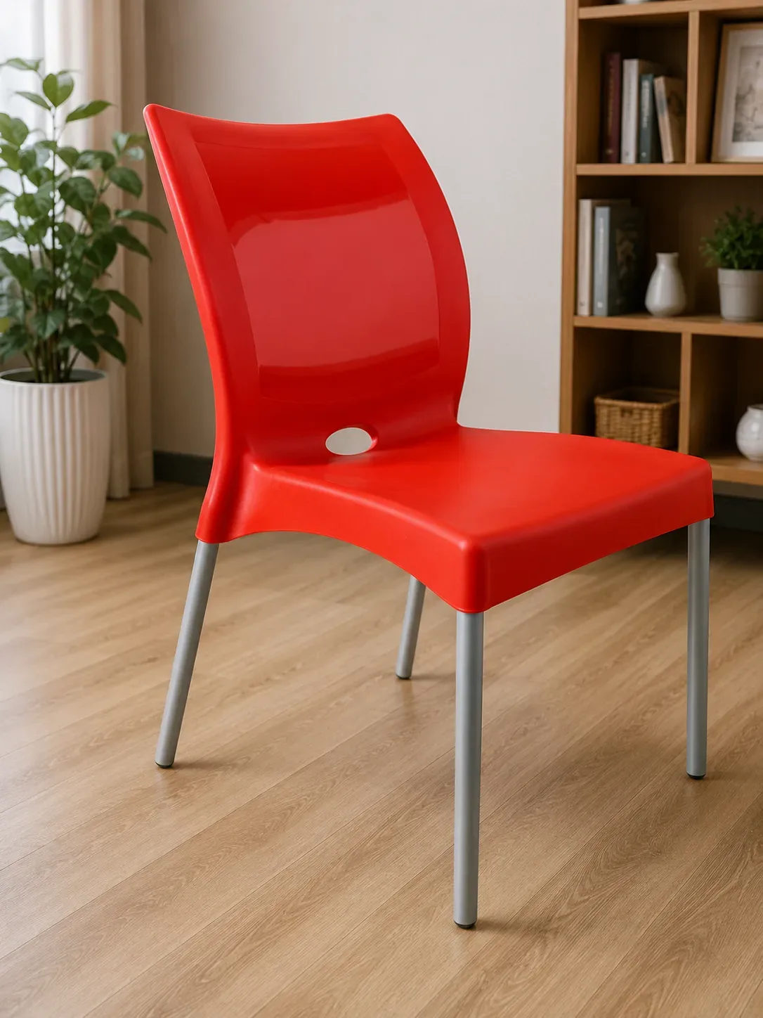 Modern Red Plastic Dining Chair with Metal Legs