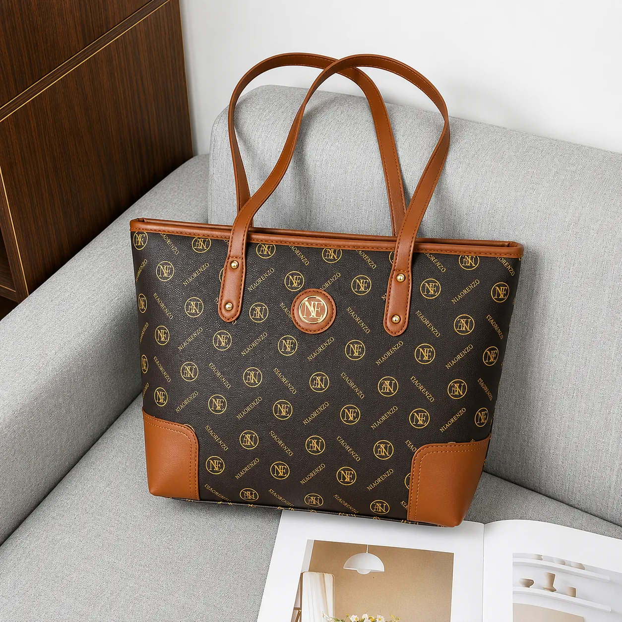 Niaorenzo Classic Monogram Leather Tote Bag
