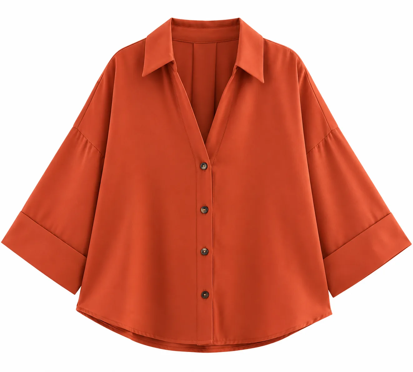 Women’s Casual Flare Sleeve Shirt – Button-Up Loose Fit   Orange | White | Brown | Olive Green | Brick Red | Pink/Fuchsia