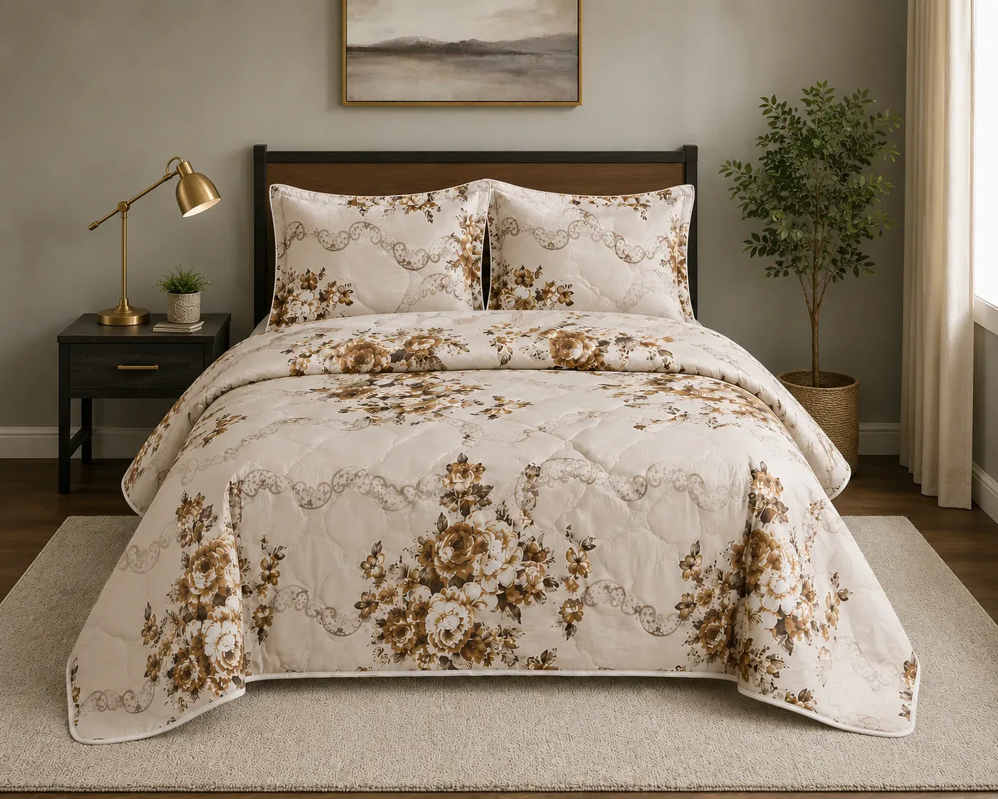 Royal Blue & Warm Mocha Floral Comfort Bedding Set