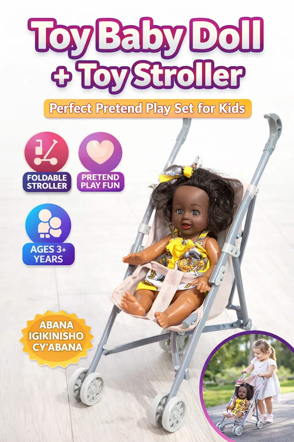 Baby Doll with Foldable Toy Stroller – Pretend Play Set for Kids