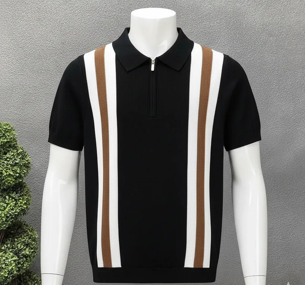 short-sleeved vertical striped polo shirt