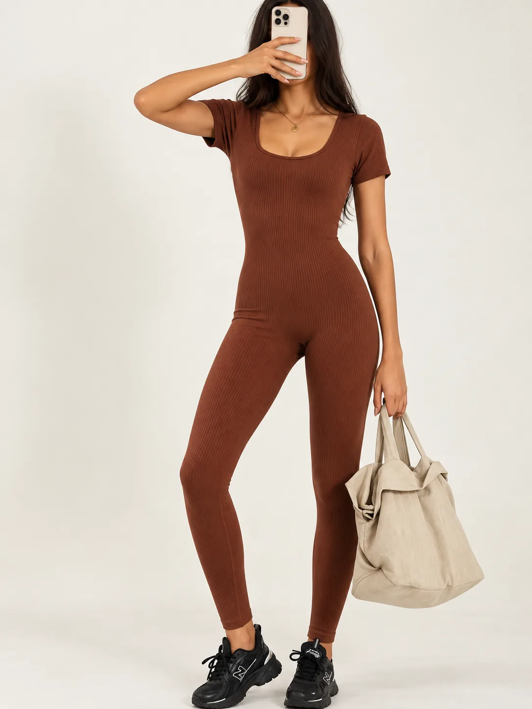 Women’s Ribbed Short-Sleeve Jumpsuit – Chocolate Brown