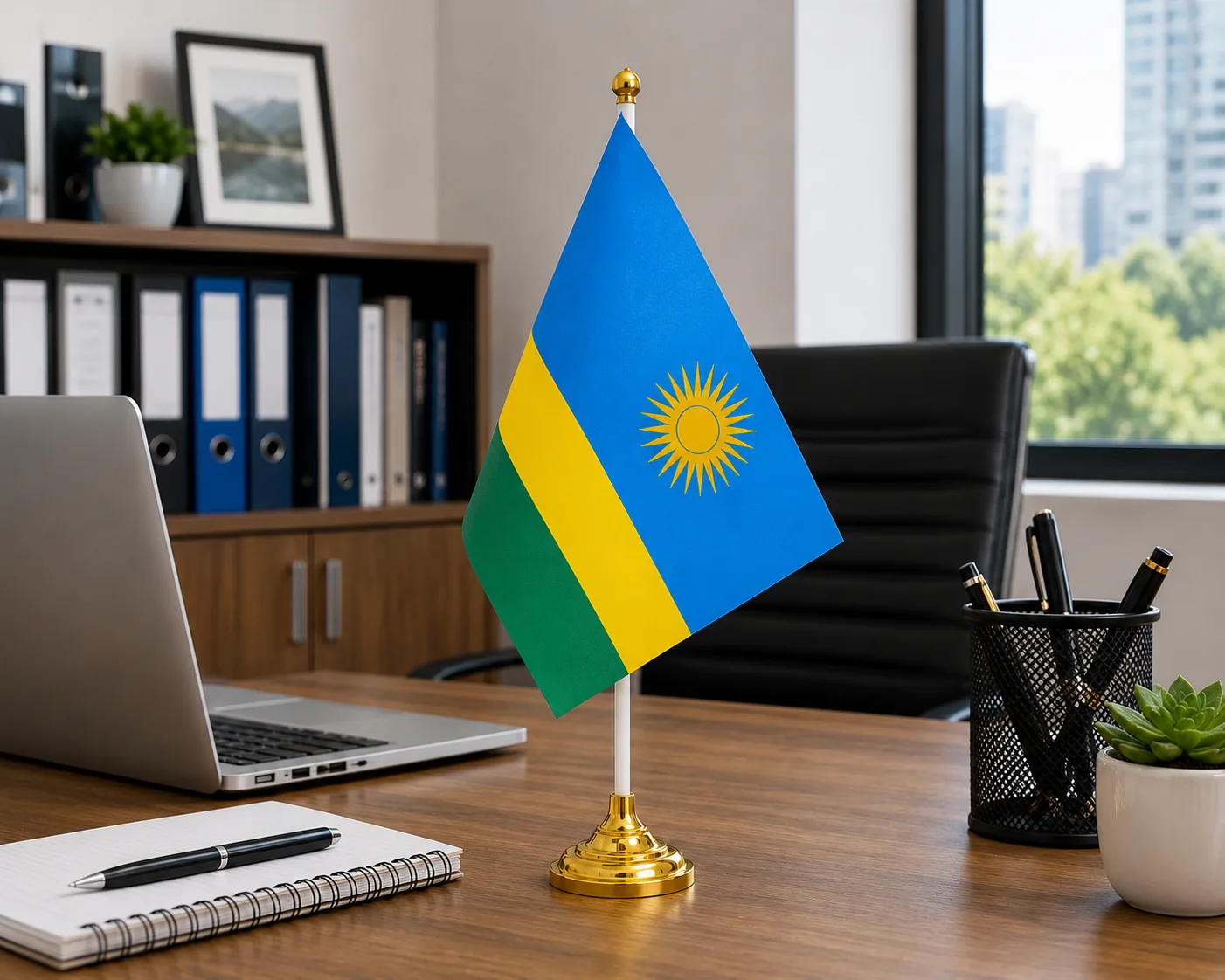 Rwanda Desk Flag with Gold Stand