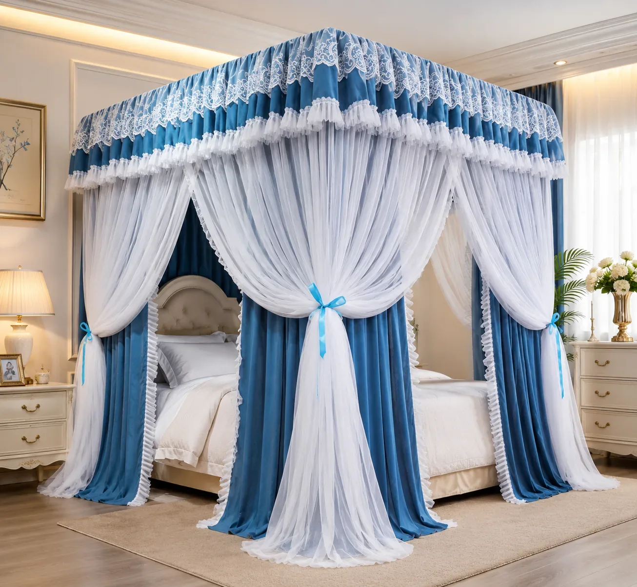 Luxury Royal Canopy Mosquito Net Bed Curtain – Blue & White