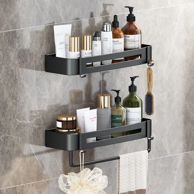Wall-Mounted Bathroom Organizer Shelf with Hooks (Double Layer) 2pcs