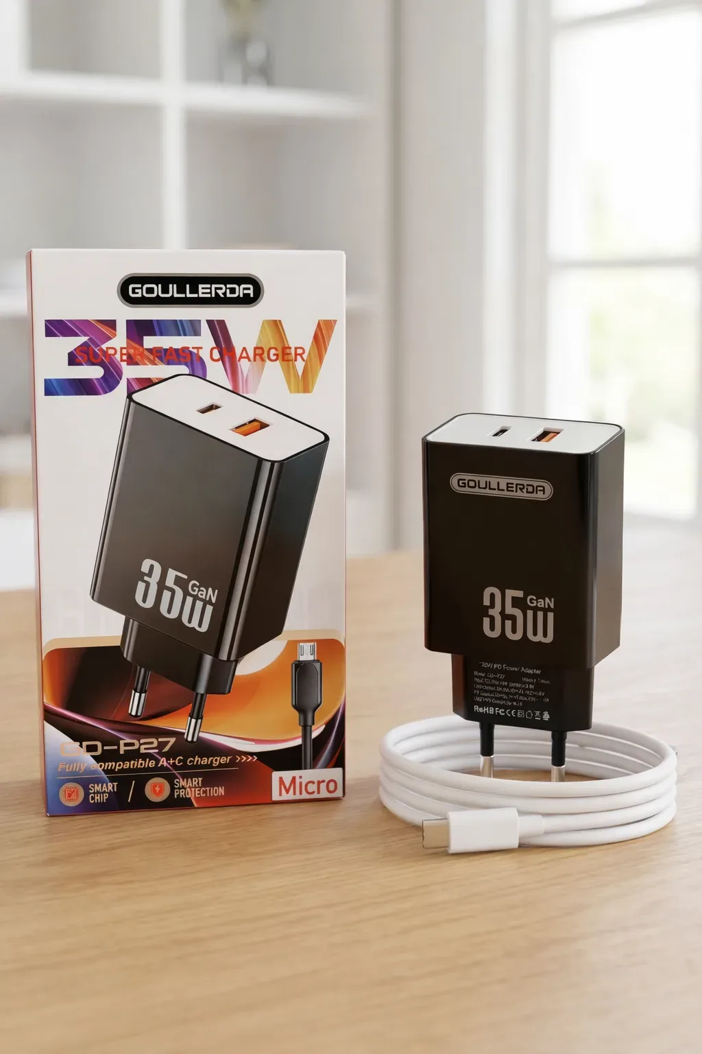 Goullerdia 35W GaN Super Fast Charger (USB-C + USB-A) with Micro USB Cable